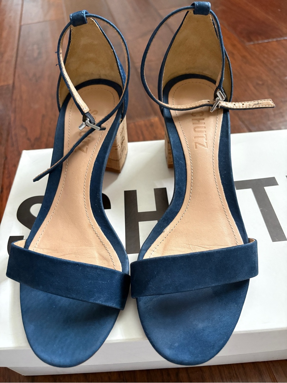 SCHUTZ (6)Navy Suede Ankle-Strap Block Heel Sandals.
